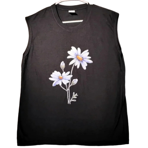 Source Unknown Tops - Women's Black Daisy Sleeveless Round Neck Tank Top in Size Large